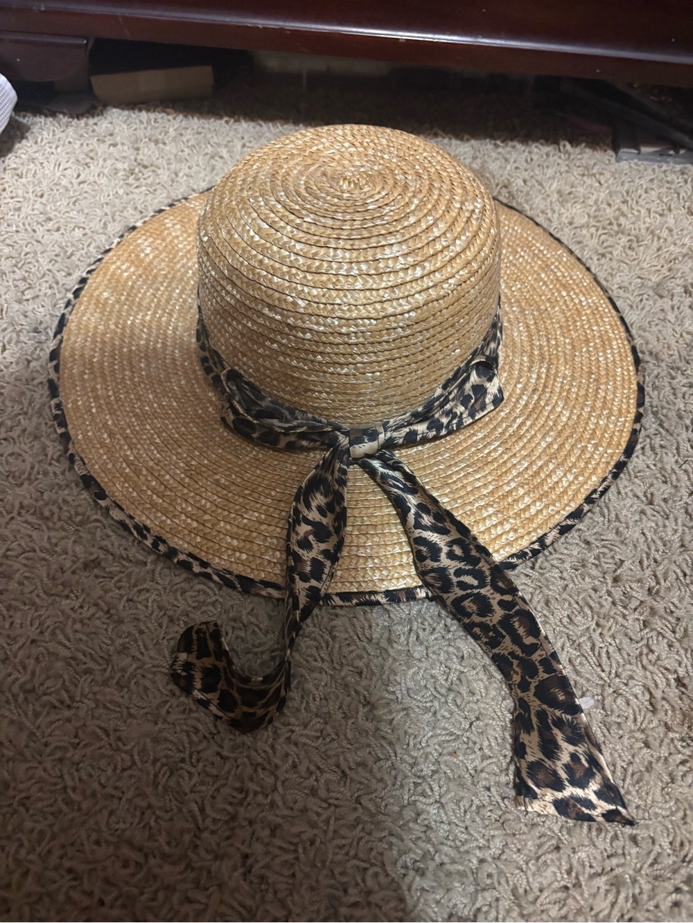 Straw Sun Hat with Leopard Tie